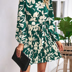 High Waisted Long Sleeves Flower Print Pleated Tied Waist Mock Neck Mini Dresses