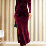 Solid Velvet Long Sleeve V Neck Slim Fit Fishtail Maxi Dress