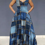 Ursime Denim Allover Pattern V Neck Sleeveless Maxi Dress