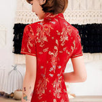 Burgundy&Red Plum Blossom Print Stand Collar Short Cheongsam