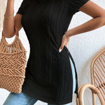 Short Sleeves Pleated Solid Color Split-Joint Split-Side Round-Neck T-Shirts