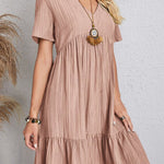 A-Line Loose Pleated Solid Color Split-Joint V-Neck Mini Dresses
