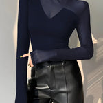 Long Sleeves Skinny Asymmetric Solid Color Split-Joint High Neck T-Shirts Tops