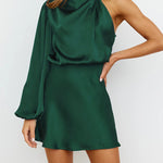 High Waisted Long Sleeves Asymmetric Elasticity Solid Color High Neck Mini Dresses