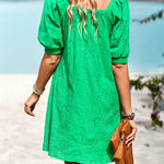 Loose Puff Sleeves Jacquard Solid Color Square-Neck Mini Dresses