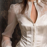 Elegant Lace-Panel Satin Blouse With Sheer Sleeves
