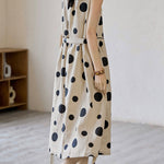 Loose Sleeveless Contrast Color Pleated Polka-Dot Split-Joint Tied Waist Round-Neck Midi Dresses