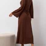 Long Sleeves Pleated Ruffled Solid Color Split-Joint Round-Neck Maxi Dresses