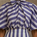 Puff Sleeves Bowknot Pleated Split-Joint Striped High Neck Blouses&Shirts Tops