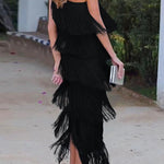 Loose Sleeveless Asymmetric Solid Color Split-Joint Tasseled One-Shoulder Maxi Dresses