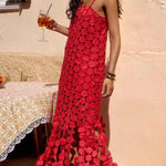 Juju Embroidered Cutout Polka Dots Square Neck Tassel Hem Slip Maxi Dress