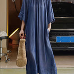 Loose Raglan Sleeve Drawstring Lace-Up Pleated Solid Color Round-Neck Midi Dresses