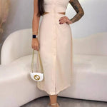 Stand Collar Cap Sleeve Cutout Button-Front Slit Midi Dress