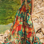 Vacay Vibes Colorful Lava Print Off Shoulder Smocked Scarf Maxi Dress