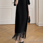 Loose Short Sleeves Solid Color Split-Joint Tasseled V-Neck Midi Dresses