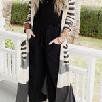 Striped Pockets Open Front Split Long Cardigan