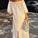 A-line Long Sleeves Contrast Color Pleated Pockets Printed Split-back Split-Joint Off-the-shoulder Maxi Dresses