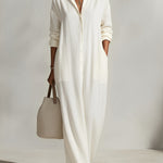 Women's Cream Textured Dress With Button-Front Detail & Relaxed Fit, Modern Casual-Chic Style Maxi Dress