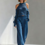 Women's Blue Elegant Ribbed Knit Cold - Shoulder Sweater And Wide - Leg Pants Set