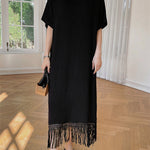 Loose Short Sleeves Solid Color Split-Joint Tasseled V-Neck Midi Dresses