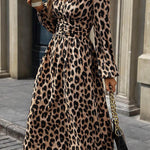 Elasticated Waist High Waisted Contrast Color Leopard Pleated Split-Joint V-Neck Maxi Dresses