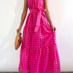 Loose Sleeveless Plaid Ribbed Stand Collar Maxi Dresses