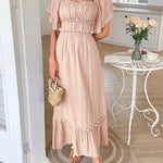 A-Line High Waisted Pleated Ruffle Trim Split-Joint Zipper Square-Neck Midi Dresses