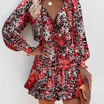 A-Line Long Sleeves Contrast Color Leopard Pleated Split-Joint Tied V-Neck Mini Dresses