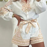 Linen Blend Unique Print Puff Sleeve Shirt and Waist Tie Loose Shorts Set