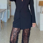 Yulissa Layered Sequin Tassels Mid Rise Stretch Waist Wide Leg Pants