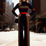 Elasticated Waist Long Sleeves Contrast Color Pockets Striped Half Turtleneck Jumpsuits
