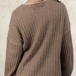 Smoke Gray Ribbed Contrast Neckline Drop Sleeve Sweater