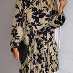 High Waisted Long Sleeves Flower Print Pleated Tied Waist Mock Neck Mini Dresses
