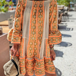 Friendly Shores Linen Blend Ethnic Print Off Shoulder Loose Mini Dress