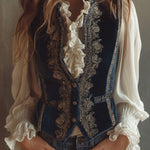 Vintage Baroque Navy Blue Velvet Embroidered Vest