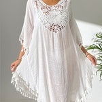 Batwing Sleeves Loose Hollow Solid Color Sun Protection Tasseled Round-Neck Cover-Ups Tops Midi Dresses