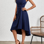 A-Line High Waisted Asymmetric Pleated Solid Color Split-Joint Round-Neck Midi Dresses
