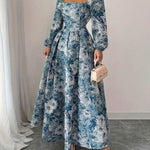 A-Line High Waisted Contrast Color Flower Print Pleated Split-Joint Square-Neck Maxi Dresses