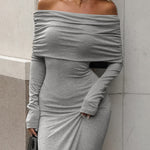 Long Sleeves Skinny Pleated Solid Color Split-Joint Off-The-Shoulder Evening Dresses Maxi Dresses