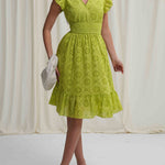 A-Line Loose Elasticity Hollow Pleated Solid Color V-Neck Mini Dresses