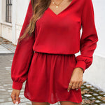 A-Line High Waisted Elasticity Pleated Solid Color V-Neck Mini Dresses