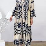 A-Line Long Sleeves Buttoned Contrast Color Pleated Printed Split-Joint Stand Collar Maxi Dresses Shirt Dress