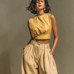 Women's Mustard & Sand Cotton Set With Cropped Tank Top & Wide-Leg Pants, Timeless Boho-Casual Style Set