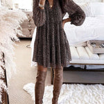 Long Sleeves Loose Buttoned Leopard Pleated V-Neck Mini Dresses