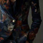 Vintage Floral Print Metal Button Polyester Velvet Blazer