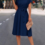 A-Line High Waisted Buttoned Solid Color Tied Waist Lapel Collar Midi Dresses Shirt Dress