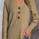 Half Button Raglan Sleeve V Neck Sweater