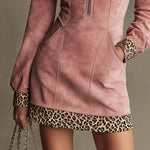 Western Retro Long-Sleeved Leopard Print Pink Faux Suede Mini Dress