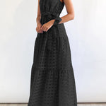 Loose Sleeveless Plaid Ribbed Stand Collar Maxi Dresses