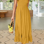 Summer Boho Spaghetti Strap Square Neck Solid Color Ruffle A Line Beach Long Maxi Dress